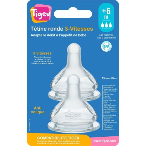 Tetine Tigex Ronde 3 Vitesses Silicone +6mois Anti-colique