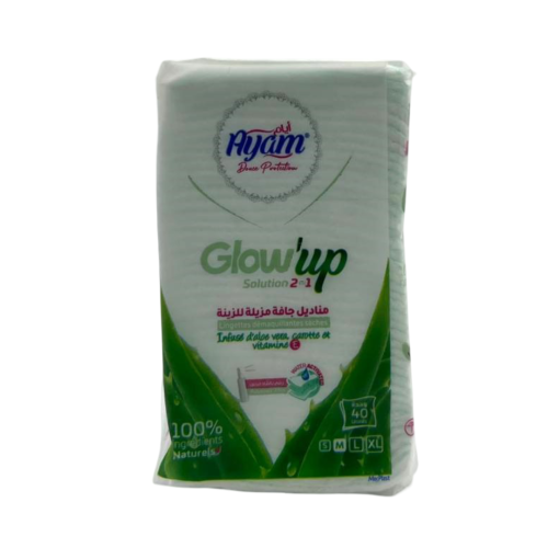 Coton Ayam Glow Up 2 in 1 Carré Démaquillantes Séches Infusé D'aloe Vera M 40 Unité