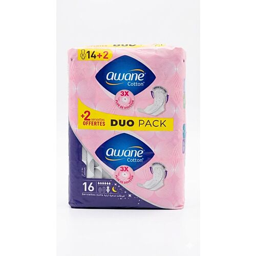 Serviettes Intimes Awane Cotton Longues 16 Unit&eacute;