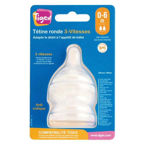 TIGEX TETINE RONDE 0-6 MOIS SILICONE 3VITESSE A/COLIQUE