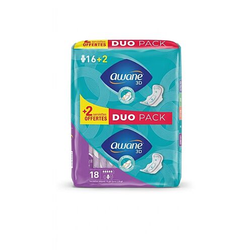 Serviettes Intimes Awane 3D Longues 18 Unité